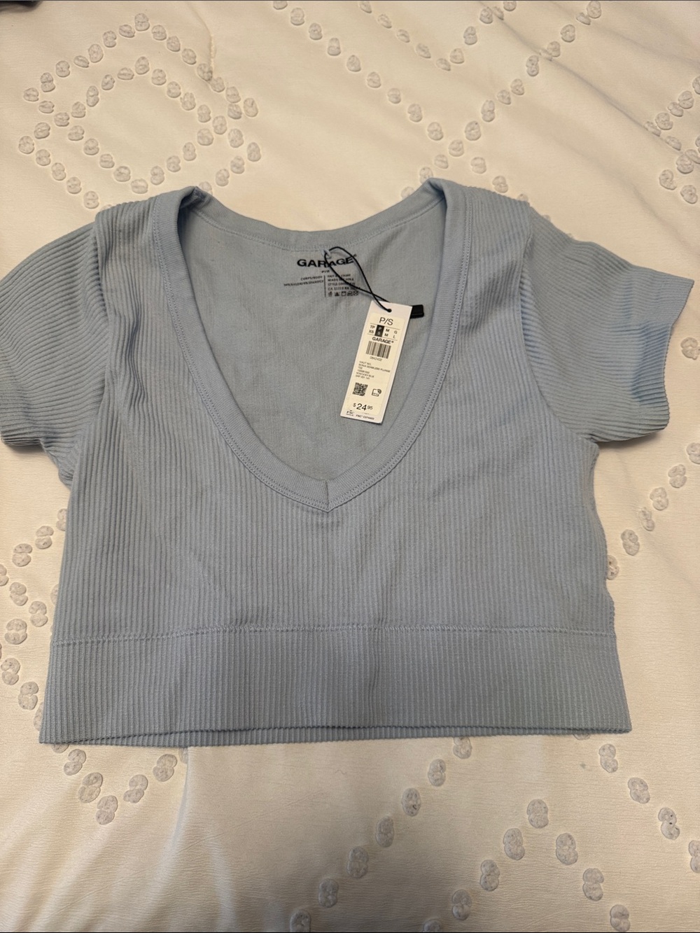 NWT Garage Light Blue Ribbed V-Neck Short Sleeve Crop Top